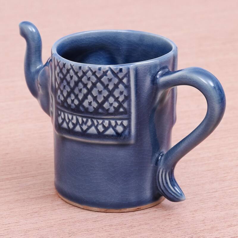 Novica Handmade Elephant Essence In Indigo Celadon Ceramic Mug