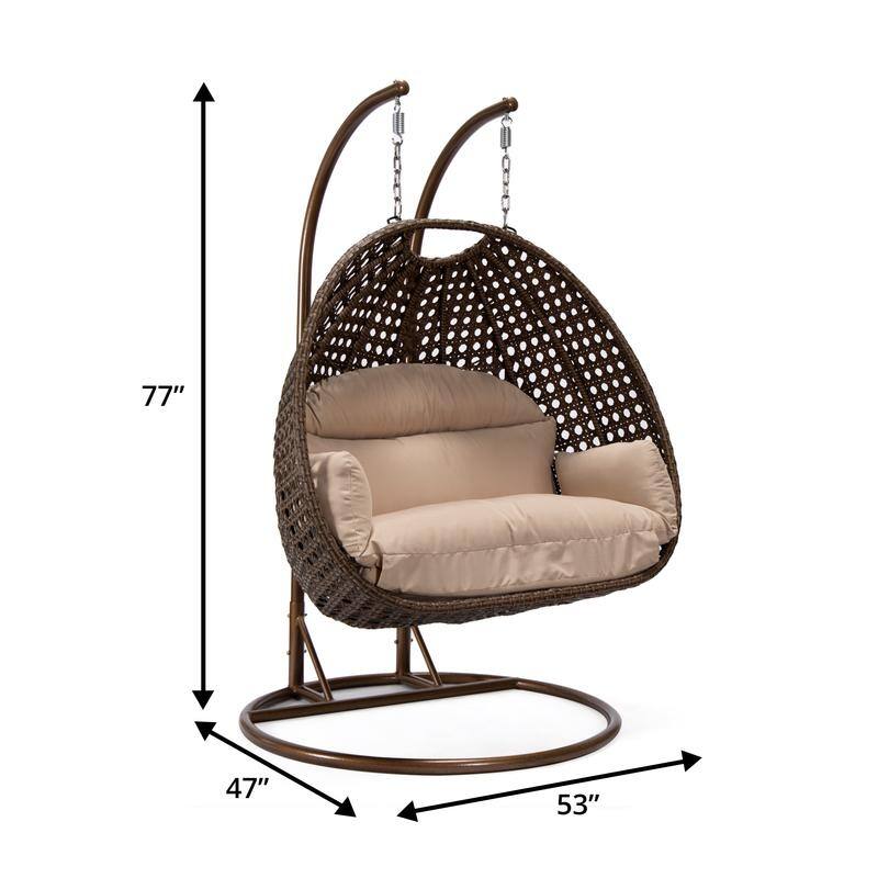 LeisureMod Mendoza Dark Brown 2 Seater Wicker Patio Hanging Double Swing Chair for Patio Porch Backyard Garden - 53"