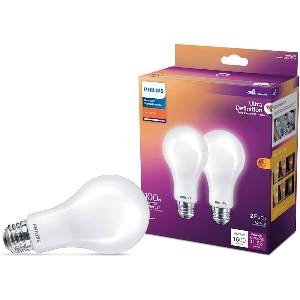 Philips A21 Ultra Definition Frosted Dimmable LED Light Bulbs, Soft White 2700K, E26 Base, 2 Pack