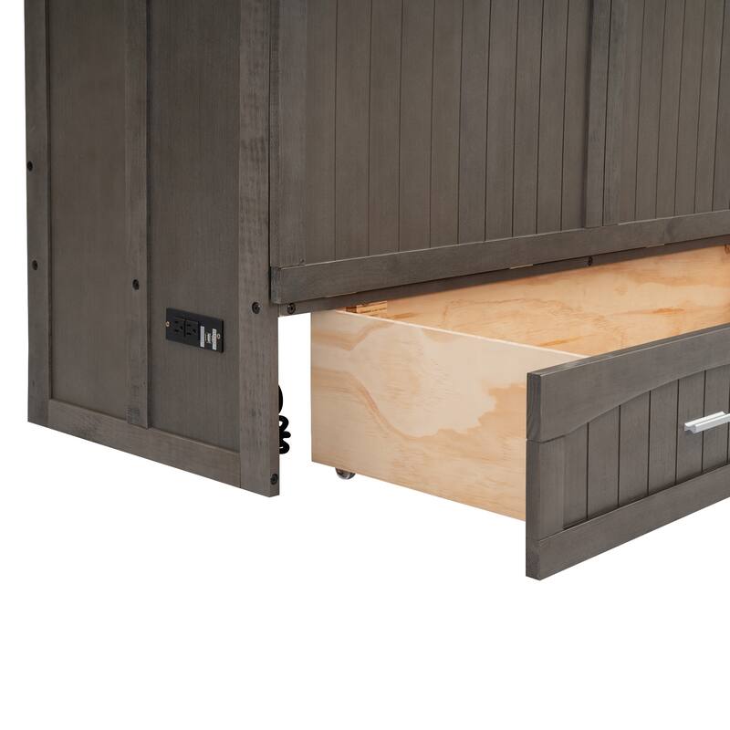 Queen Solid Pine Murphy Bed with Charging Station and Storage Drawer