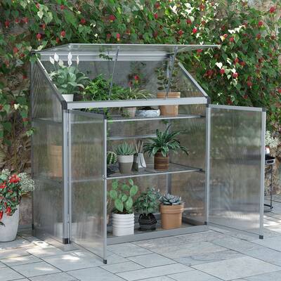 Outsunny 3-Tier Outdoor Garden Greenhouse, Cold Frame Polycarbonate Panel Planthouse with Openable Roof and Double Door, Silver