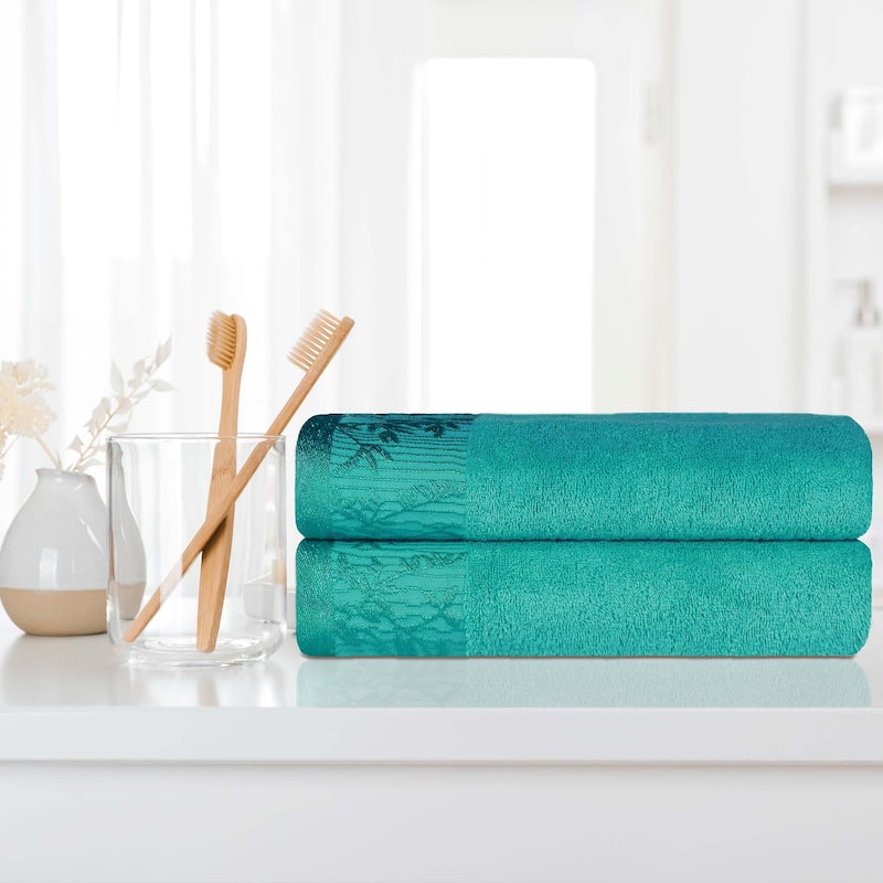 Superior Wisteria Cotton Floral Jacquard Border Bath Towel Set - Turquoise
