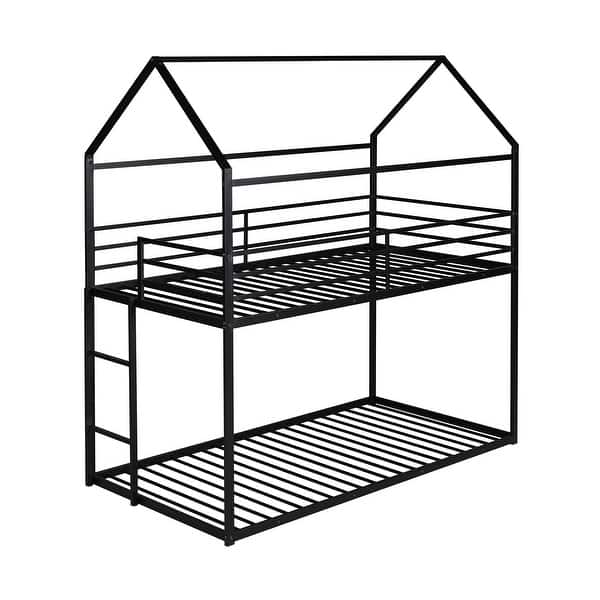slide 2 of 9, Twin Over Twin Bunk Bed for Kids, Metal House Bunk Beds w/Ladder & Safety Guardrail, Bunk Metal Bed, Twin Bed Frame for Kids Black - Twin