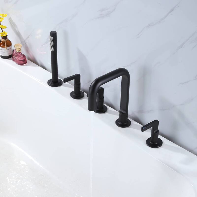 Deck Mounted Bathtub Faucet With Hand Shower Triple Handles 5-Hole Roman Bathroom Tub Filler Modern Bath Faucet Set