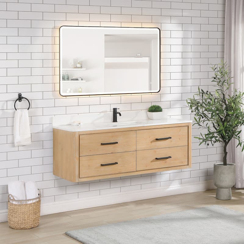 Cristo Floating Bath Vanity with White Quartz Stone Top without Mirror