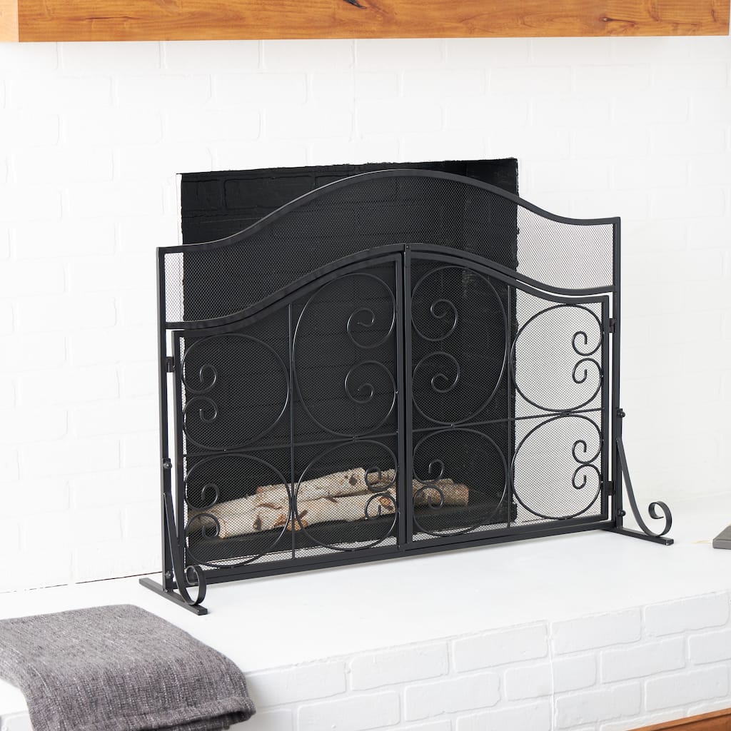 Black Metal Arched 1 Panel 2 Door Scroll Fireplace Screen with Mesh Backing