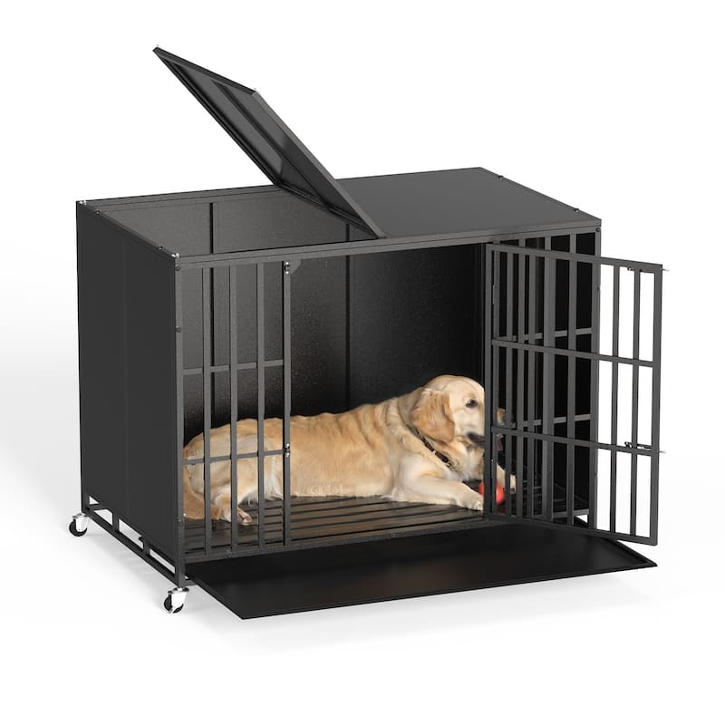 BOSSIN 48/42 inch Heavy Duty Steel Dog Crate Kennel with Wheels, Escape-Proof, Removable Tray for Large Dogs, Black - 42 inch