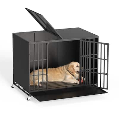 BOSSIN 48/42 inch Heavy Duty Steel Dog Crate Kennel with Wheels, Escape-Proof, Removable Tray for Large Dogs, Black