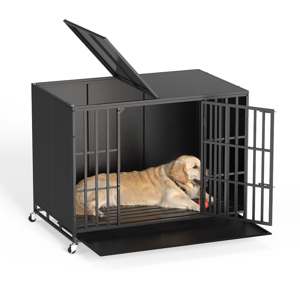 BOSSIN 48/42 inch Heavy Duty Steel Dog Crate Kennel with Wheels, Escape-Proof, Removable Tray for Large Dogs, Black