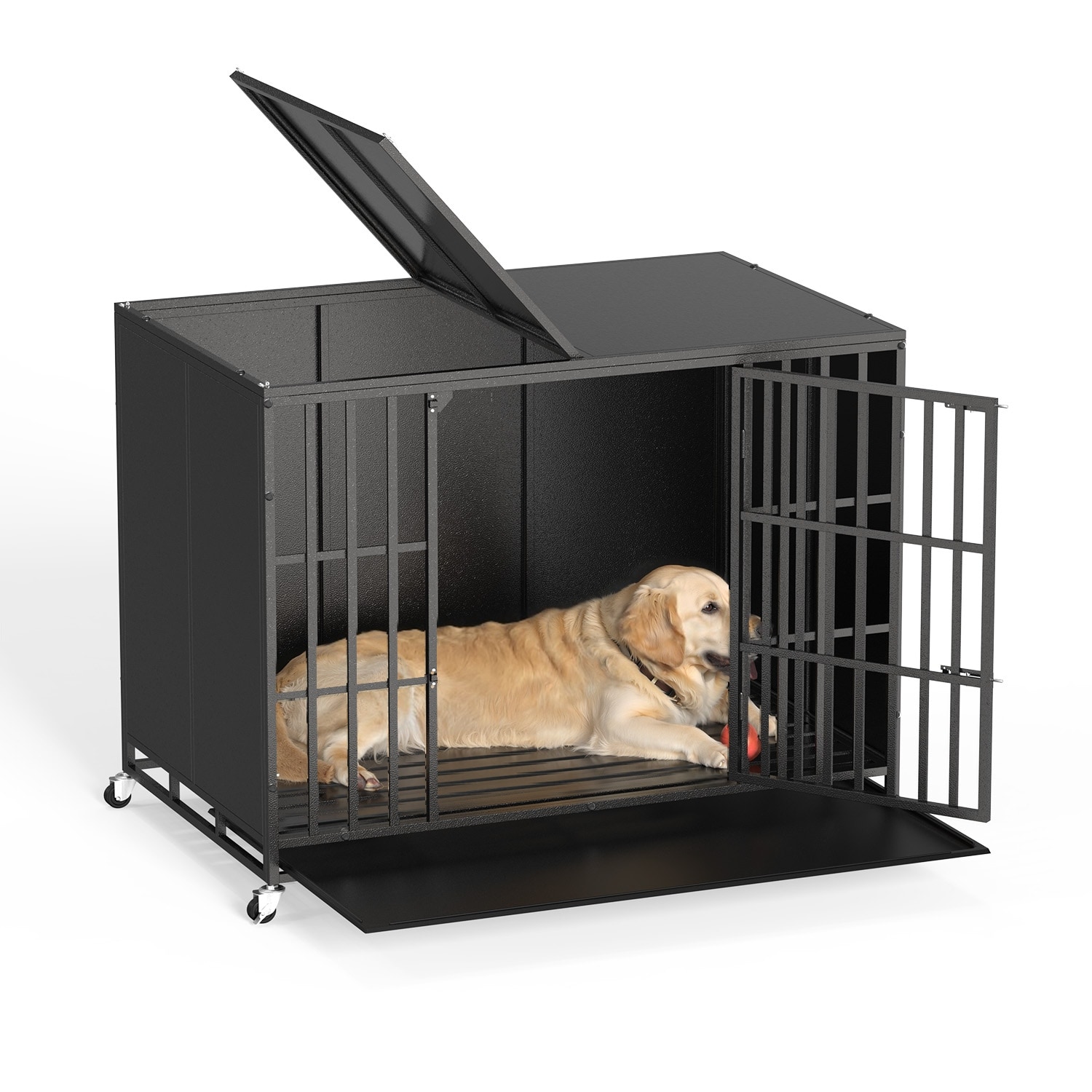 BOSSIN 48/42 inch Heavy Duty Steel Dog Crate Kennel with Wheels, Escape-Proof, Removable Tray for Large Dogs, Black