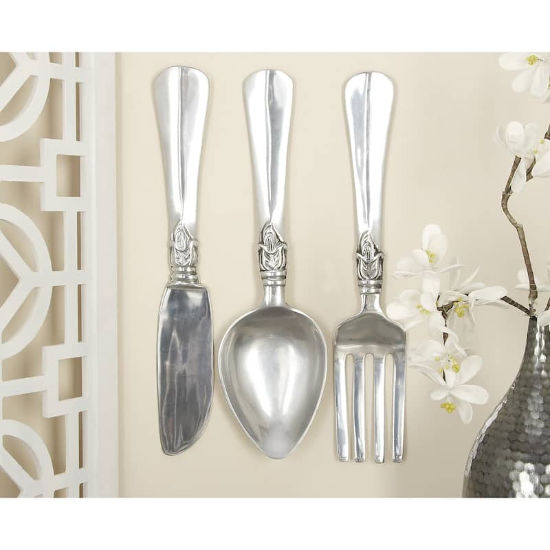 Aluminum Metal Large Knife, Spoon, and Fork Utensils Wall Decor (Set of 3) - Silver or Copper