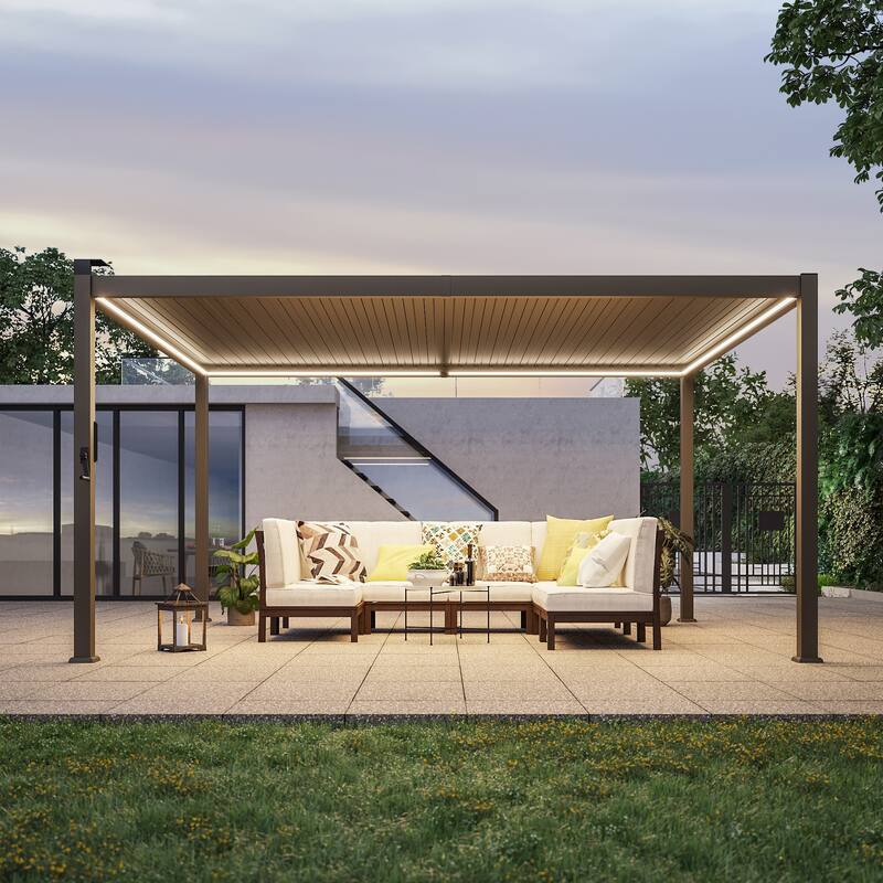 Outdoor Metal Solar LED Louvered Pergola with Adjustable Roof - 12' x 14' - Brown