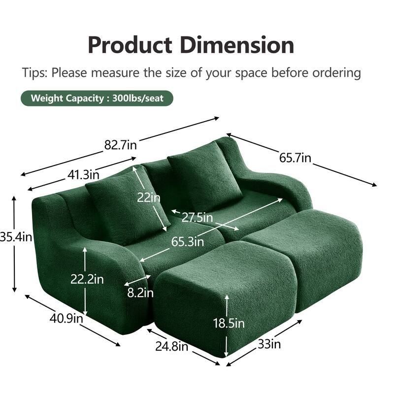 Teddy Fabric Boneless Sectional Sofa Set with 2 Ottoman, Modern Chaise Lounge Sofa with Curved Armrests, Anti-Slip Base