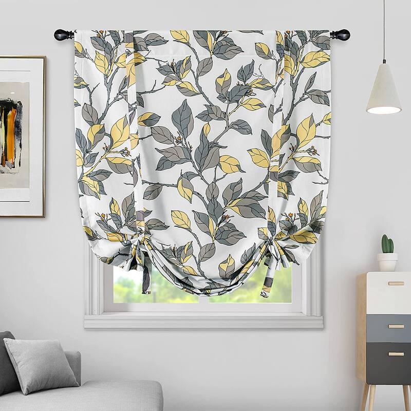 DriftAway Ryan Sketch Floral Branch Leaves Tie Up Curtain - 31" width x 47" length - Yellow Gray