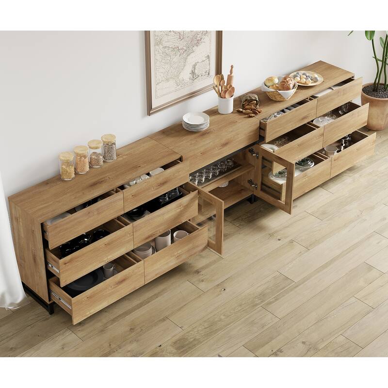 WAMPAT 3 in 1 Modern Sideboard with Glass Doors and 3 Drawers, Coffee Bar Cabinet for Kitchen