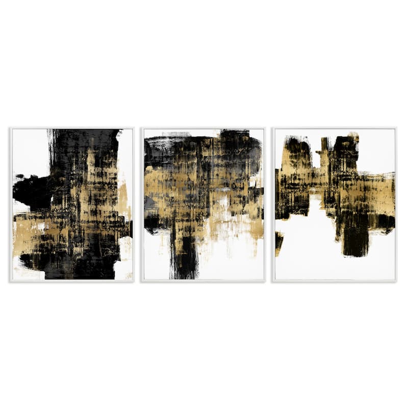 Stupell Bold Black Brushstrokes Golden Distressed Accent, 3pc Multi Piece Framed Wall Art Set - 16 x 20 - White