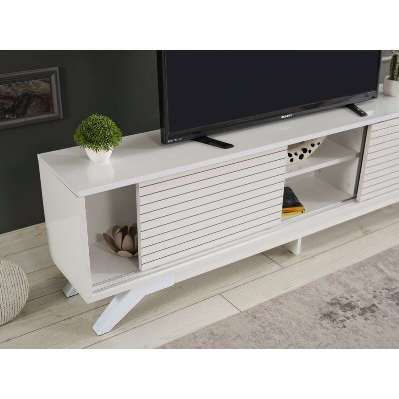 FurnisHome Store Luxia Mid Century Modern Tv Stand 2 Sliding Door Cabinet 2 Shelves 67 inch Tv Uni, White