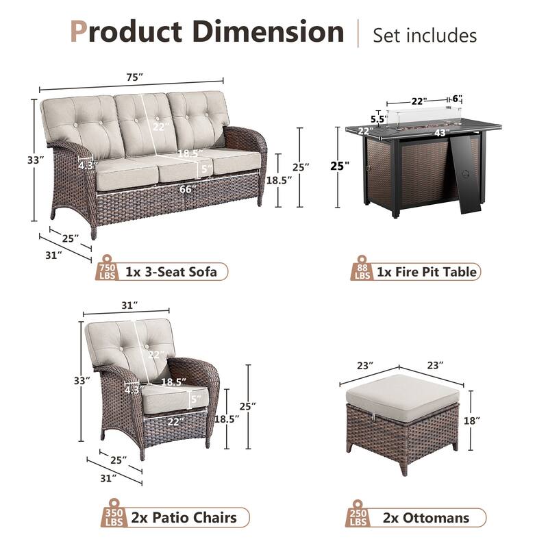 Pocassy Outdoor 43 In Fire Table with Sofa Patio Chair Set