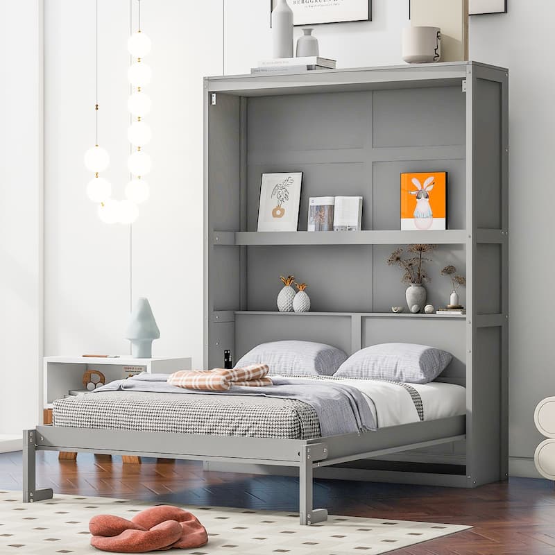Full Size Murphy Wall Bed with Shelves, Space-Saving Design, White Finish, Easy to Fold - Gray2 - Full