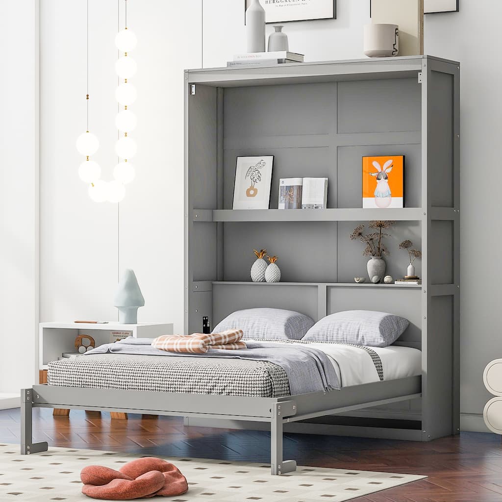 Space-Saving Gray Full Size Murphy Bed with Shelves and Mattress Holder