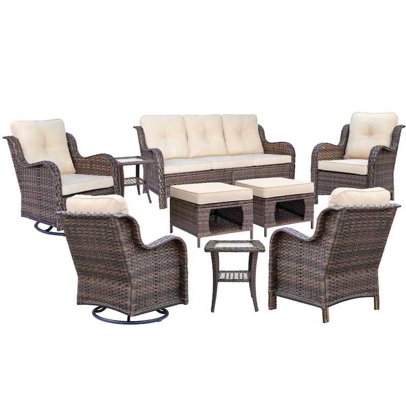 9 Piece Outdoor Wicker Patio Conversation Furniture Swivel Chairs Sets