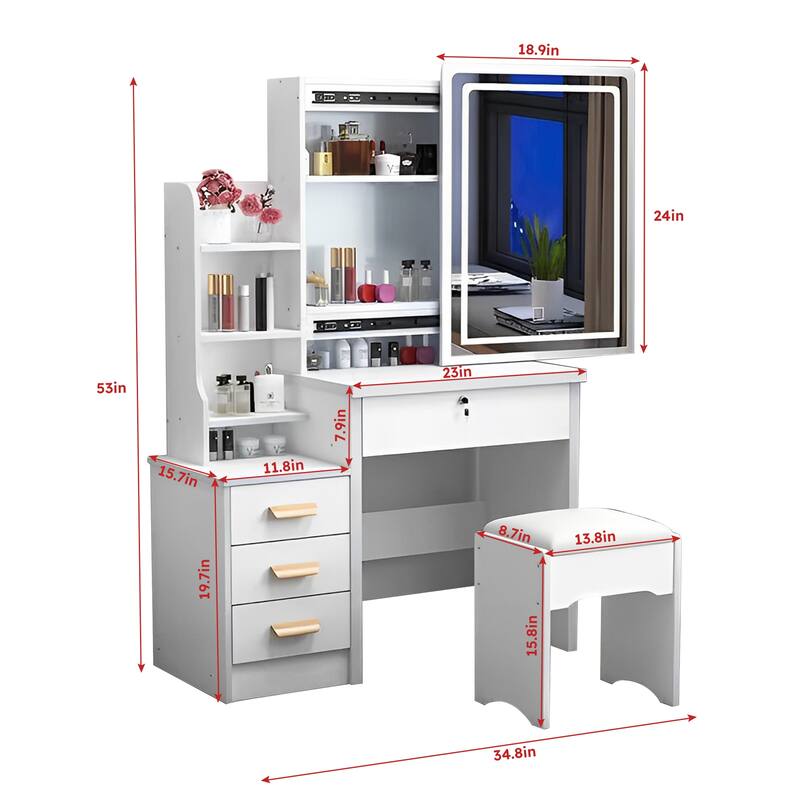 Vanity Set with Lighted Mirror & Cushioned Stool, Large Mirror Makeup Vanity Table Dressing Table w/ 4 Drawers & Storage Shelves