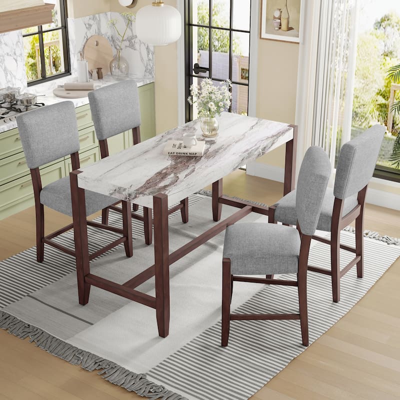 5-Piece Counter Height Dining Table Set Faux Marble Bar Table and 4 Armless Chair, Modern Dining Table Set for Pub Kitchen