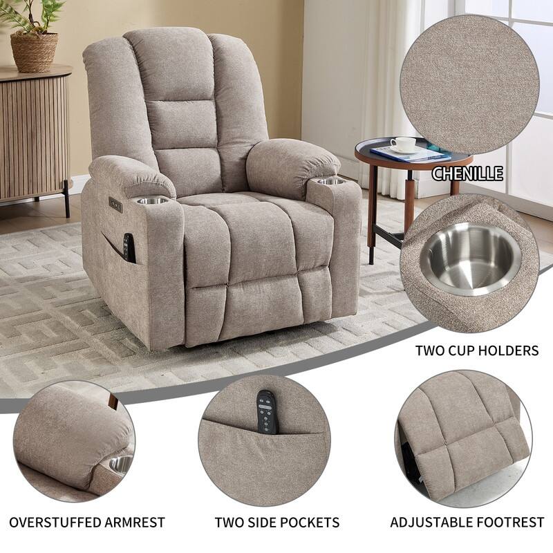 Large Power Lift Recliner with Massage & Heat - Heavy Duty Wide Recliner Chair for Elderly, USB/Type-C Charging, Cup Holders