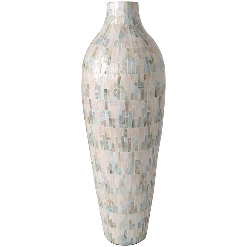 White Mother of Pearl Shell Handmade Mosaic Inspired Decorative Vase with Pastel Blue and Pink Accents