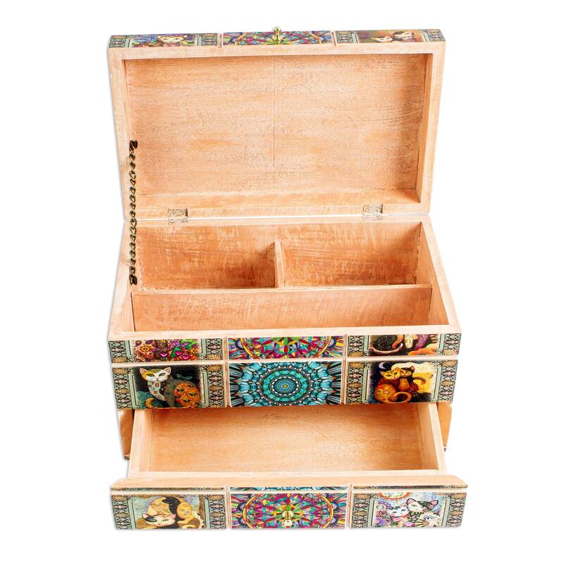 Novica Handmade Protective Cats Decoupage Jewelry Box