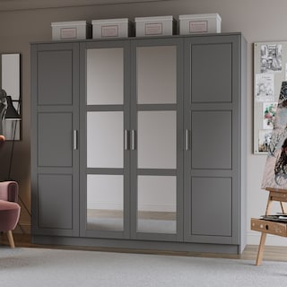 100% Solid Wood Cosmo 4-Door Wardrobe with Solid Wood or Mirrored Doors by Palace Imports
