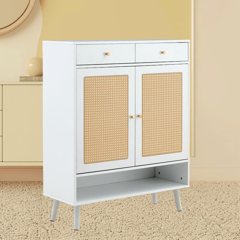 Stylish Rattan Shoe Organizer Rack Storage Cabinet with Wood Finish for Entryway, Hallway, Corridors, and Bedrooms - White