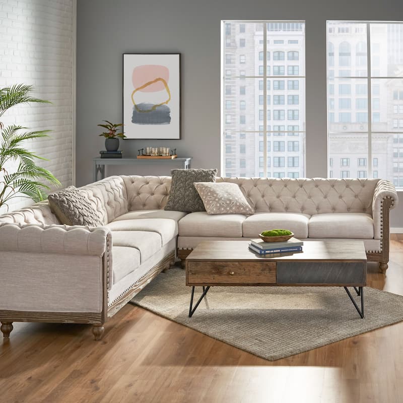 Castalia Chesterfield Tufted 7-seat Sectional Sofa by Christopher Knight Home - 114.00" L x 70.00" W x 31.50" H - Beige + Dark Brown