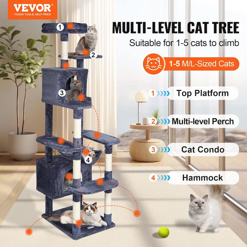 Cat Tree for Indoor Cats, 72" Cat Tower with 2 Cat Condos, Sisal Scratching Post, Hammock, Top Perch, Jumping Platforms