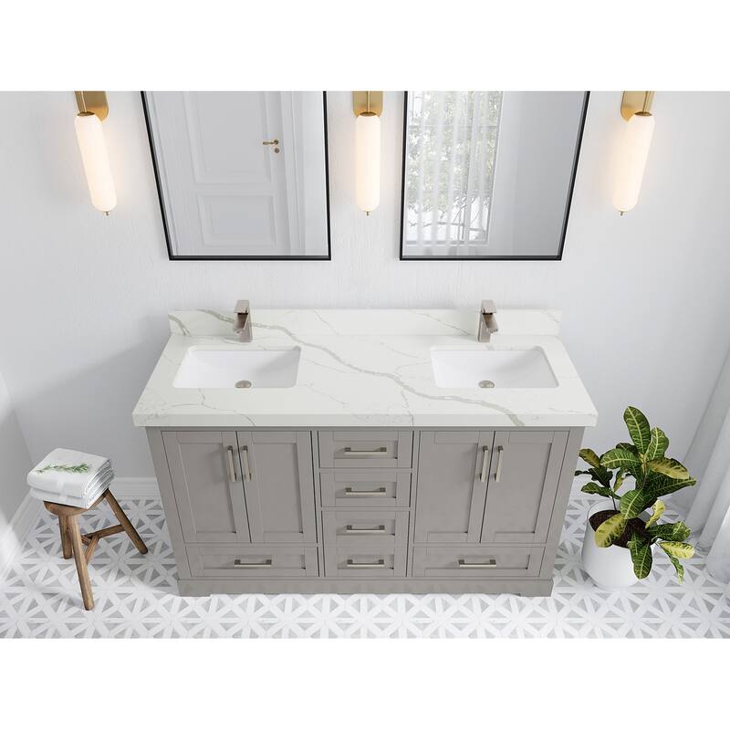 Willow Collection 60 in W x 22 in D x 36 in H Boston Double Bowl Sink Bathroom Vanity with Countertop - 2"Calacatta Laza - Elephant Skin Gray