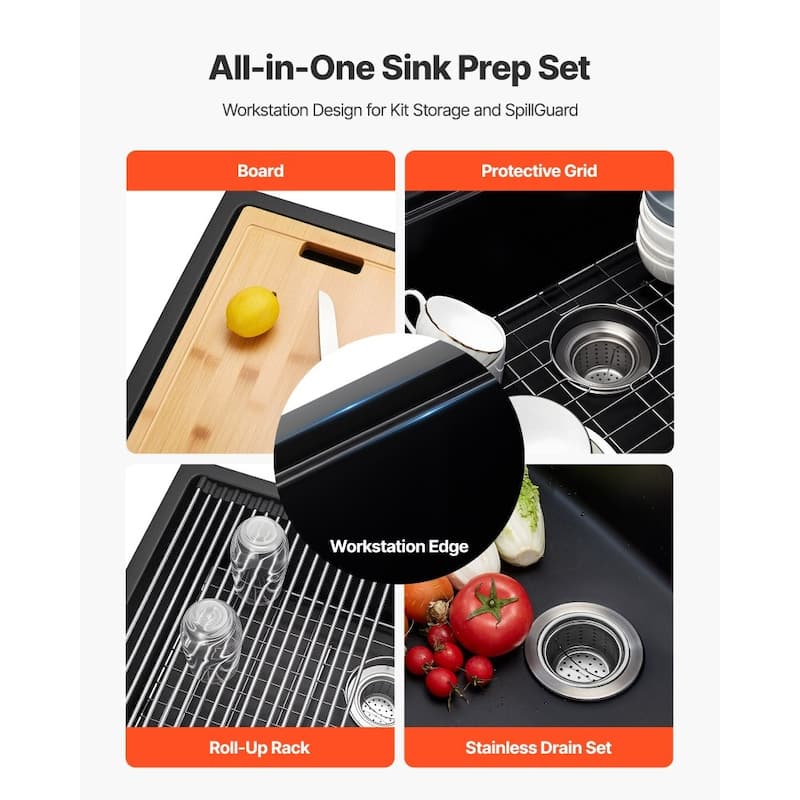 Black Granite Undermount Kitchen Sink with Single Bowl and Cutting Board and Roll-Up Rack