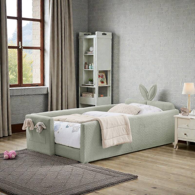 Twin Size Upholstered Platform Bed with Rabbit Ear Headboard, Kids Boucle Fabric Bed Frame with Safety Rail and Pocket