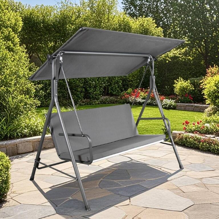 Sunjoy 2 Seat Outdoor Porch Swing with Adjustable Canopy Cushion for Patio Garden Backyard Made in Italy - grey