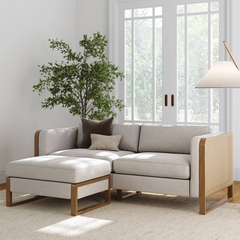 Madison Modern Upholstered Modular Sofa or Couch for Living Room with Solid Wood Legs - Loveseat + Ottoman - Gray/Light Brown/Rattan
