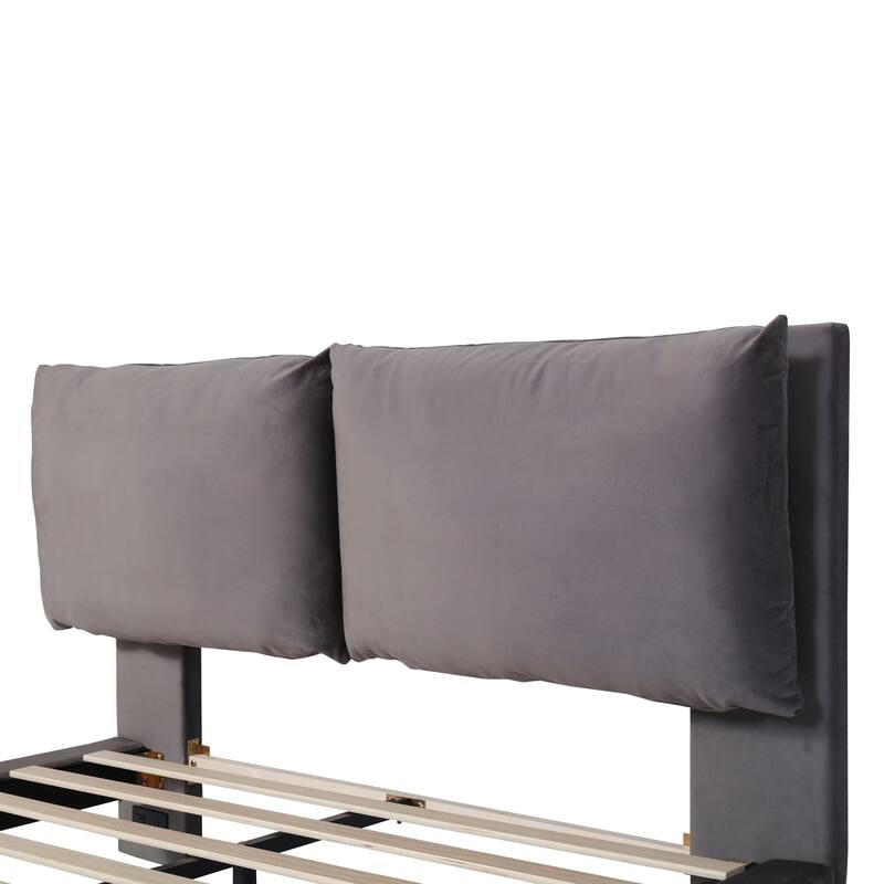 Upholstered Platform Bed w/ Sensor Light & Backrests, 2 Sets of Socket