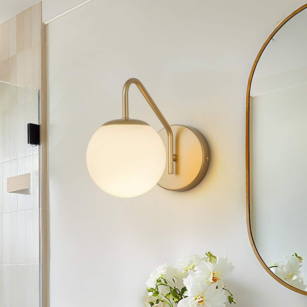 1-Light Mid-Century Modern Gold Wall Sconce with Opal Glass - Brass