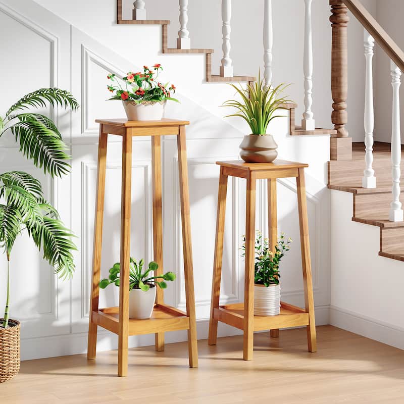 2-Tier Plant Shelf with Reinforced Frame, Solid Wood Indoor Plant Stand Set of 2