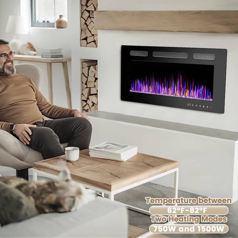 BOSSIN Electric Fireplace Wall Mounted and Recessed with Remote Control, 750/1500W Ultra-Thin Wall Fireplace Heater, Low Noise