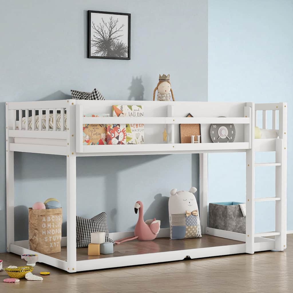 Low Twin Over Twin Floor Bunk Bed with Ladder and Shelf, Solid Wood Convertible Bunk Bed for Kids and Juniors