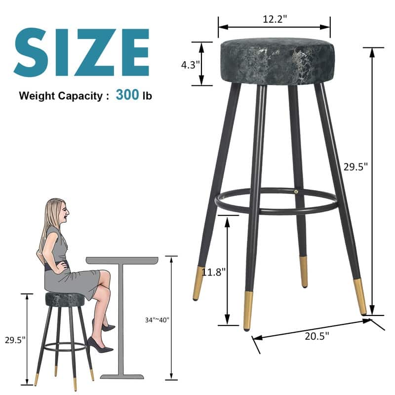 Adeco Modern Velvet Bar Stools Set of 2 Round Breakfast Footrest - 20.5"D x 20.5"W x 29.5"H.