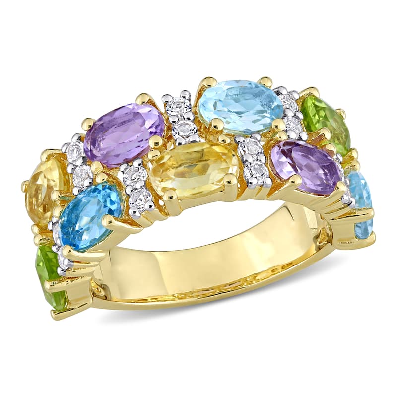 Multi Color Blue Topaz, Rose De France, Citrine & Peridot Mosaic Ring in Yellow Plated Sterling Silver by Miadora