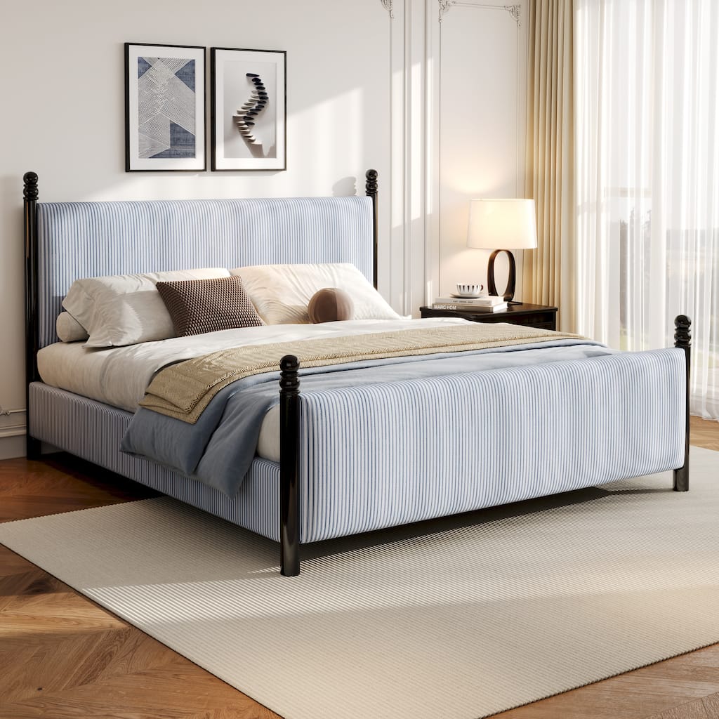 Christopher Knight Home - Modern Striped Upholstered Wood Bed Frame with High Padded Headboard & Soundproofed