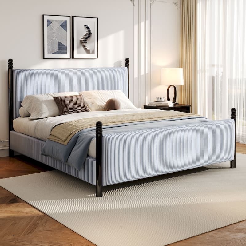 Christopher Knight Home - Modern Striped Upholstered Wood Bed Frame with High Padded Headboard & Soundproofed - Black+Blue white stripes - King