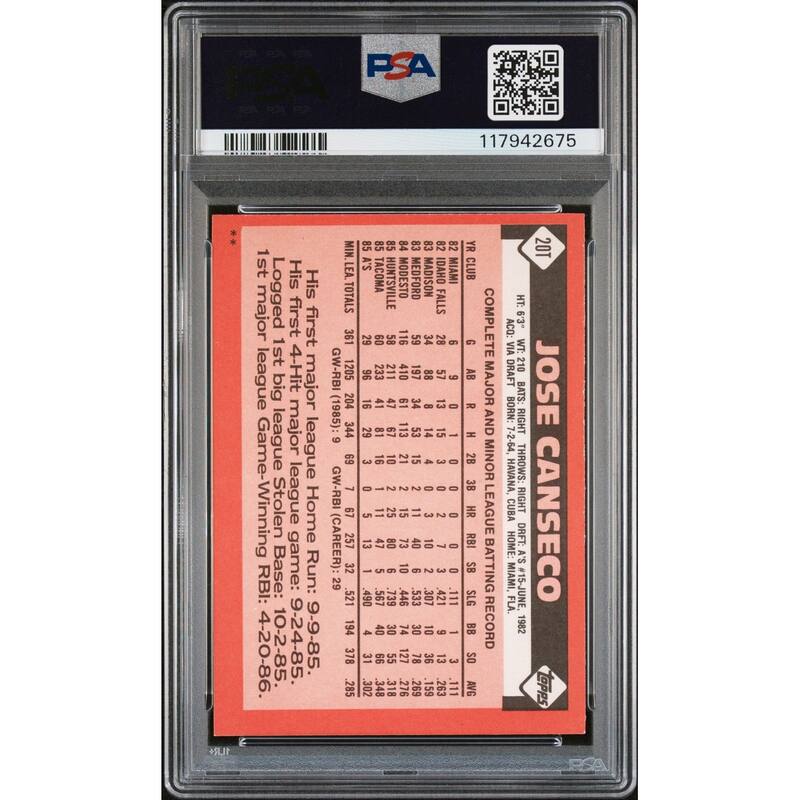 Jose Canseco 1986 Topps Traded Signed Baseball Rookie Card #20T Auto Graded PSA 10 Cert # 117942675 - 8' x 11'
