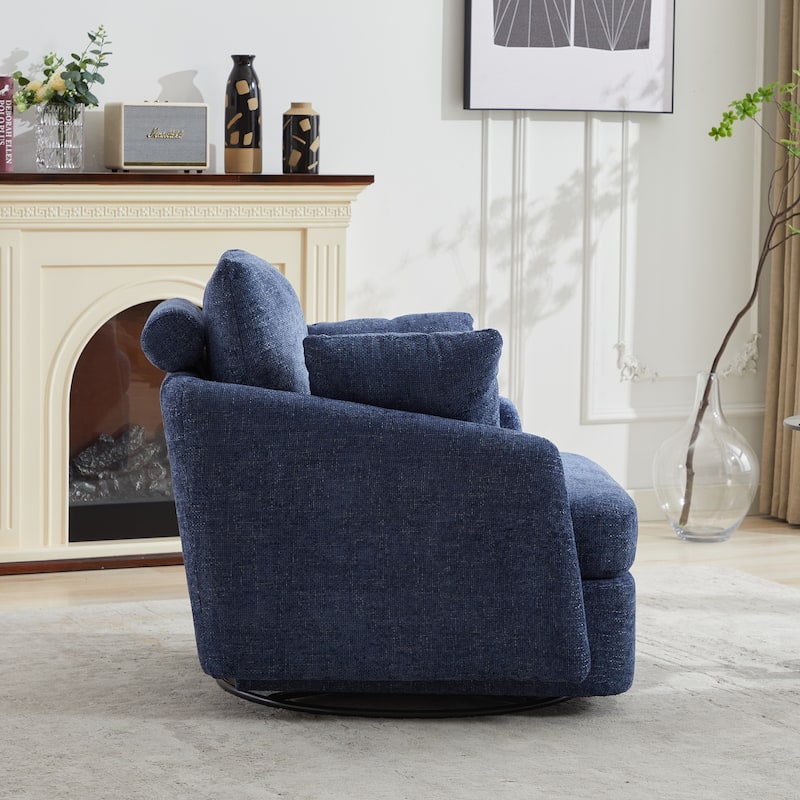Chenille Upholstered Swivel Accent Chair, Cozy Club Chair with 2 Thorw Pillows, Oversized Lounge Armchair with Metal Base
